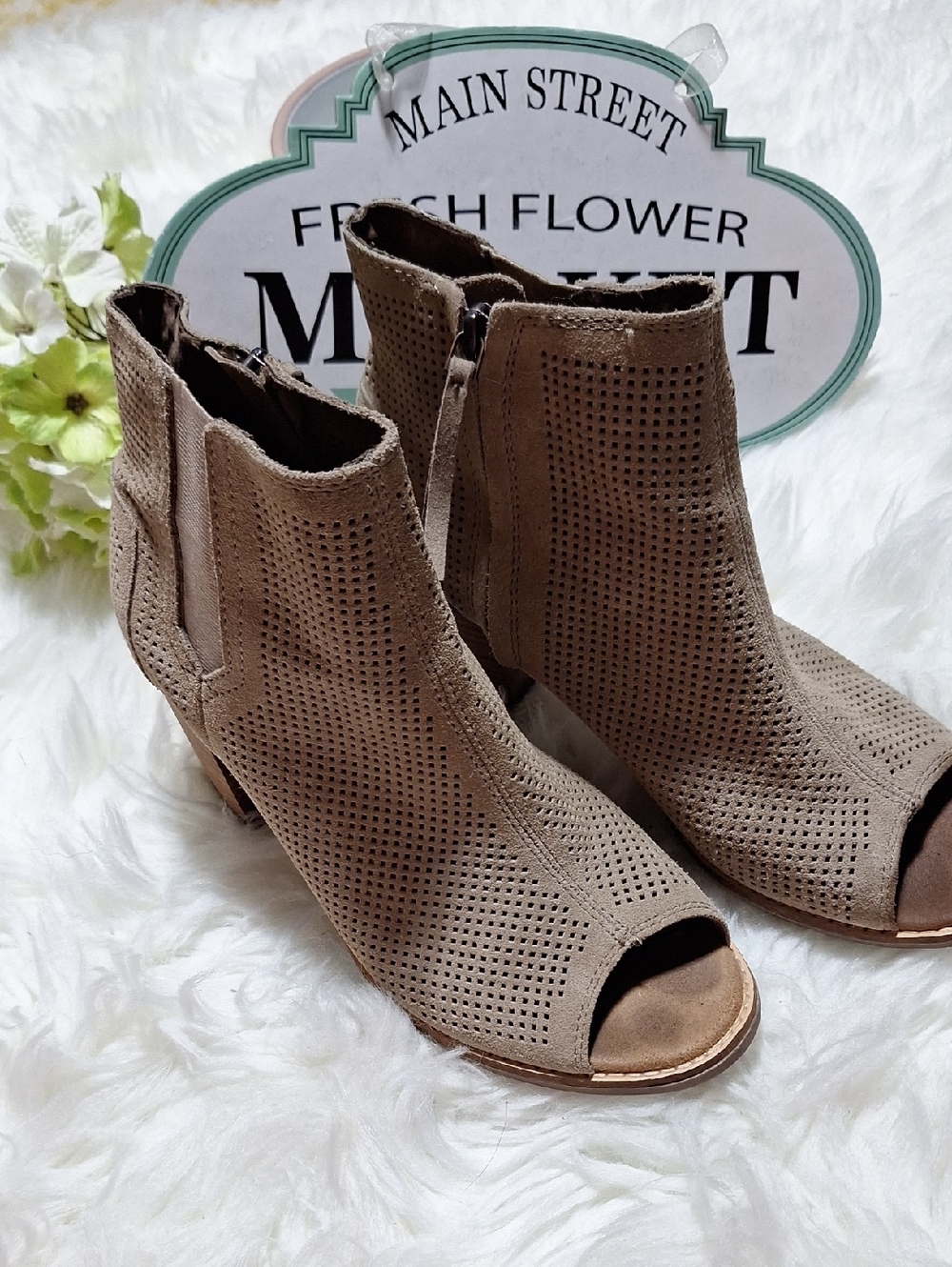 Toms Taupe Perforated Peep-Toe Ankle Booties